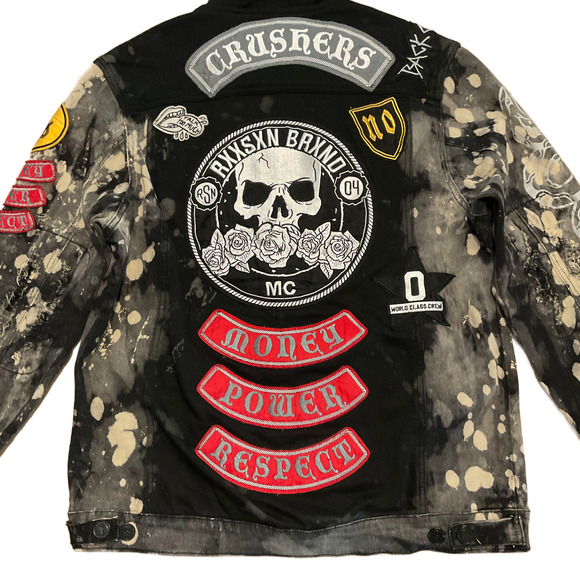 Reason NYC Moto Hooded Denim Jacket Mens XL Distressed Bleach Splatter Patches - Picture 11 of 16